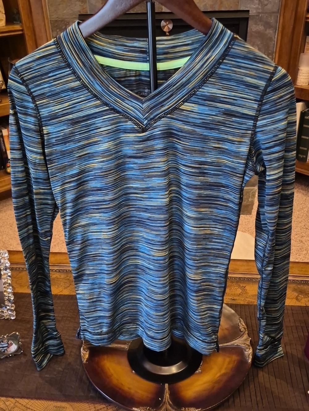 Cuddl Duds Women's Striped V-Neck Long Sleeve Top - Blue, Black, Yellow Medium